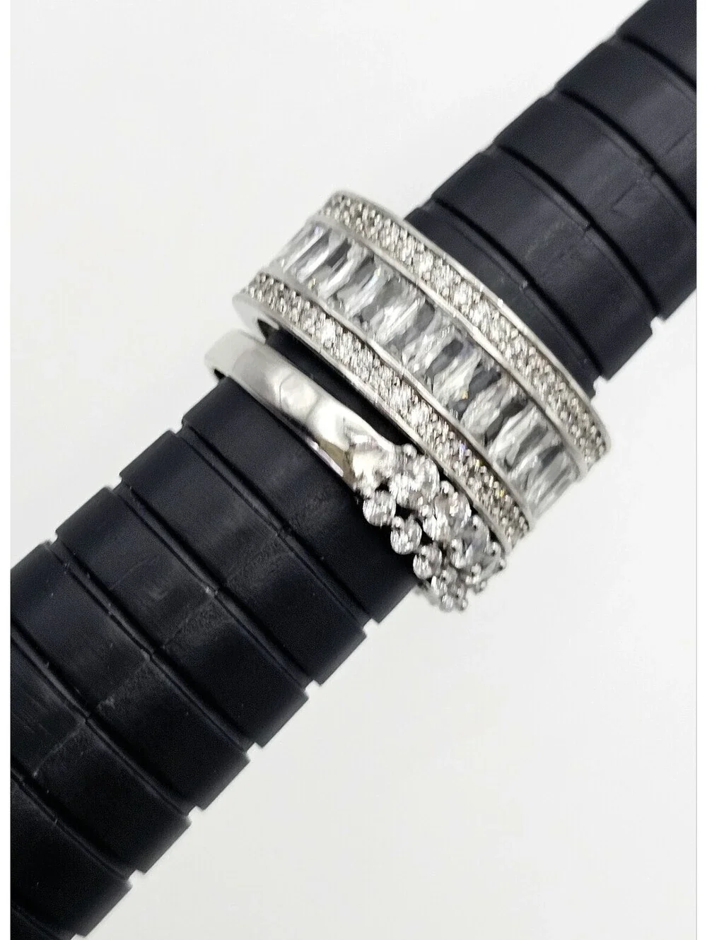 Lot of 2 CZ Stackable Rings Size 7.5 Rhodium Silver Pave Baguette Eternity Bands